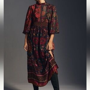 Anthropologie x Farm Rio Floral Multi Color Red Pink Dress Flowy Sleeves